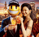 a man wearing a pop smile hat holds a glass of orange juice next to a woman