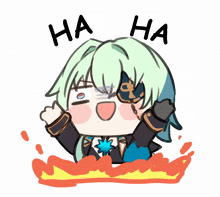 a cartoon drawing of a girl with green hair and the words ha ha above her