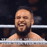 a man with a beard is laughing in a boxing ring with the caption yeah yeah yeah yeah yeah yeah