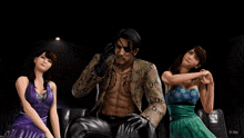 a man without a shirt is surrounded by two women in a video game
