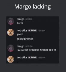 a screenshot of a discord conversation with margo lacking