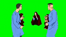 a cartoon of a group of people sitting around a fire on a green screen .