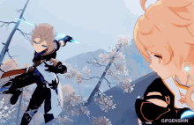 a couple of anime characters standing next to each other with the word gifgenshin on the bottom right