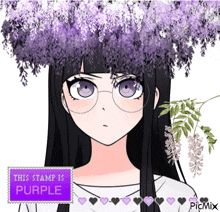 a picture of a girl with purple flowers in her hair and a stamp that says this stamp is purple