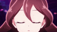 a close up of a girl with purple hair
