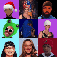 a collage of people with one wearing a santa hat and a frog hat