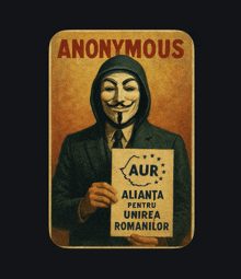 a poster with a man in a suit holding a sign that says anonymous