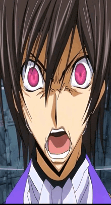 a close up of a cartoon character with red eyes