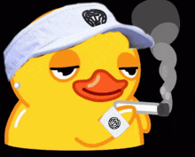 a yellow rubber duck wearing a white hat smoking a cigarette