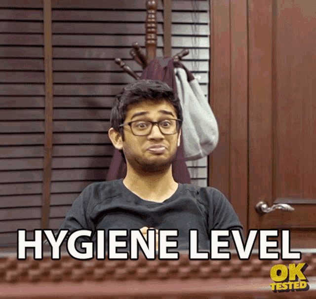 a man with glasses is making a face and the words hygiene level are visible