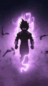 a silhouette of a man with a purple lightning bolt coming out of his chest .