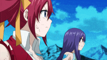 a girl with red hair is standing next to a girl with blue hair
