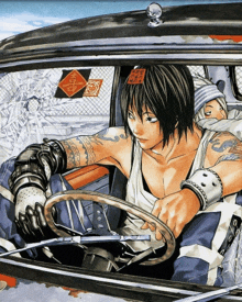 a drawing of a person driving a car with a sticker on their head that says ' samurai '