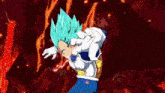 a cartoon character with blue hair and gloves is standing in front of a fire .
