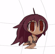 a cartoon drawing of a girl with red hair and big red eyes