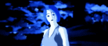 a cartoon of a woman with blue hair standing in a dark room