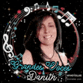 a woman is surrounded by musical notes and the words grandes voces danith
