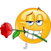 a smiley face is holding a red rose in its mouth with the letter j below it