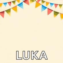 a birthday card with balloons and flags and the name luka