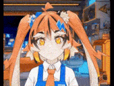 a cartoon girl with orange hair and yellow eyes is wearing a blue apron and a tie .