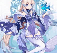 a girl in a blue and white dress holds a blue bird in her hand