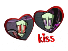 a couple of hearts with the word kiss in red