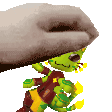 a pixel art of a hand holding a green frog