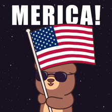 a cartoon of a bear holding an american flag with the words merica behind him