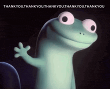 a cartoon lizard is waving its hand in the dark and saying thank you .