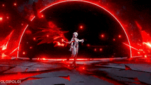 a video game character is standing in front of a large red circle .
