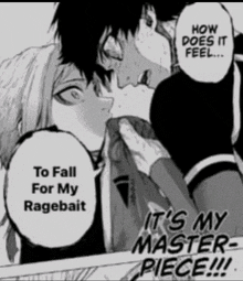 a black and white drawing of a man kissing a woman with the words " how does it feel " on the bottom