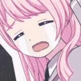 a pink haired anime girl is crying with tears running down her face