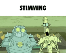 two cartoon robots are standing next to each other with the word stimming written above them