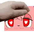 a hand is touching a cartoon character 's face with red eyes and hearts on them .