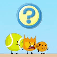 a tennis ball a fireball and a coin are standing next to a question mark