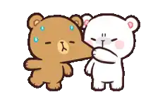 a couple of teddy bears are standing next to each other and one is blowing another bear 's nose .