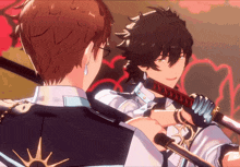 two anime characters are standing next to each other with one holding a large sword