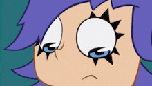 a close up of a cartoon character 's face with purple hair and blue eyes .