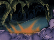 a cartoon drawing of a cave with purple clouds and a light coming out of it