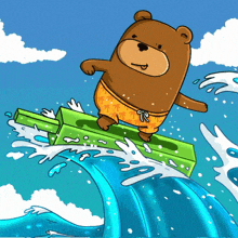 a cartoon of a teddy bear on a surfboard in the ocean