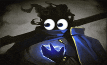 a cartoon character with big eyes is holding a blue hand