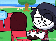 a cartoon character holding a cake with strawberries and the name chrissh on the bottom