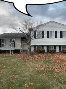 a house with a ladder in front of it and a speech bubble above it