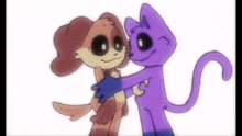 a dog and a cat are hugging each other in a cartoon .