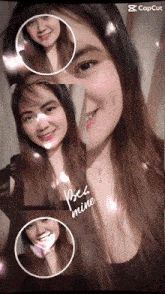 a collage of a woman 's face with the words bes mine written on the bottom