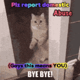 a cat is sitting in a doorway with a caption that says " plz report domestic abuse "