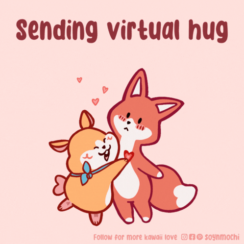 a cartoon of a dog and a fox hugging with the words " sending virtual hug " below them