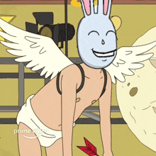 a cartoon character is wearing a diaper and has wings and a smiling face