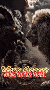 a poster of a lion and a goat with the words universe community divisi rock & metal