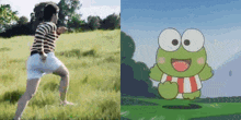 a man in a striped shirt is running in a field next to a frog with big eyes .